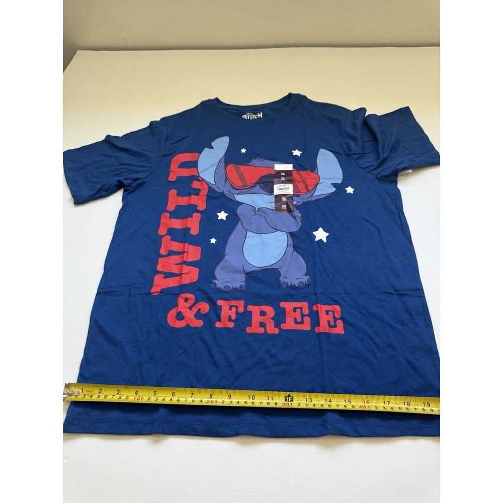 Disney Stitch Wild & Free Unisex Kids XXL 18 Blue Graphic T Shirt NWT